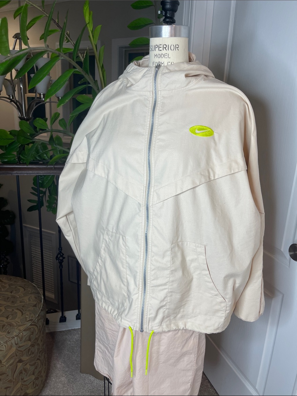 Nike Cream Hooded Windbreaker with Neon Yellow Swoosh